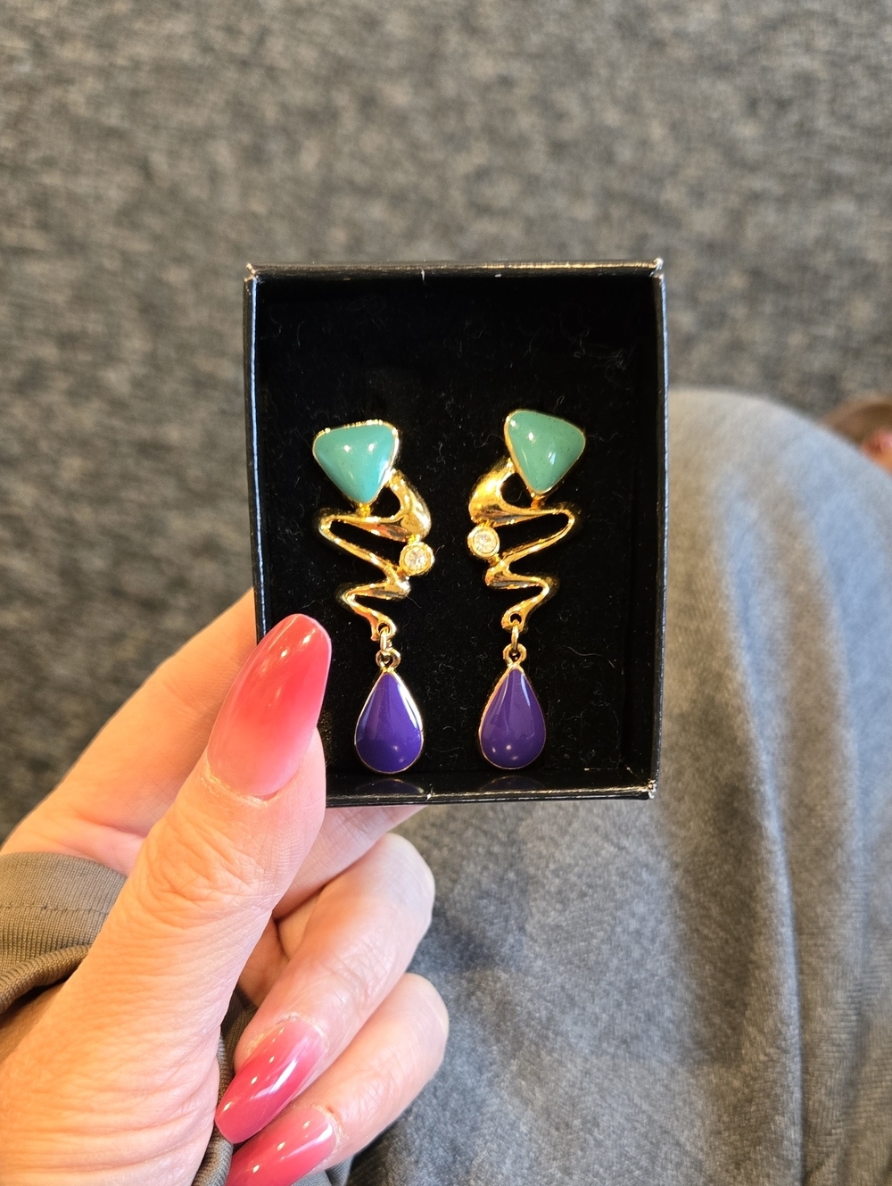 Avon Gold-Tone Post Earrings with Teal Triangles and Purple Drops